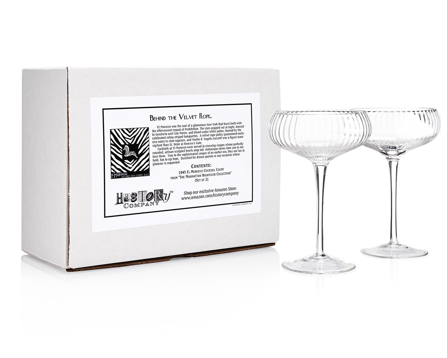 HISTORY COMPANY - Elegant El Morocco Cocktail Coupe Glasses, a 2-piece set crafted for timeless mixology and vintage glamour. 