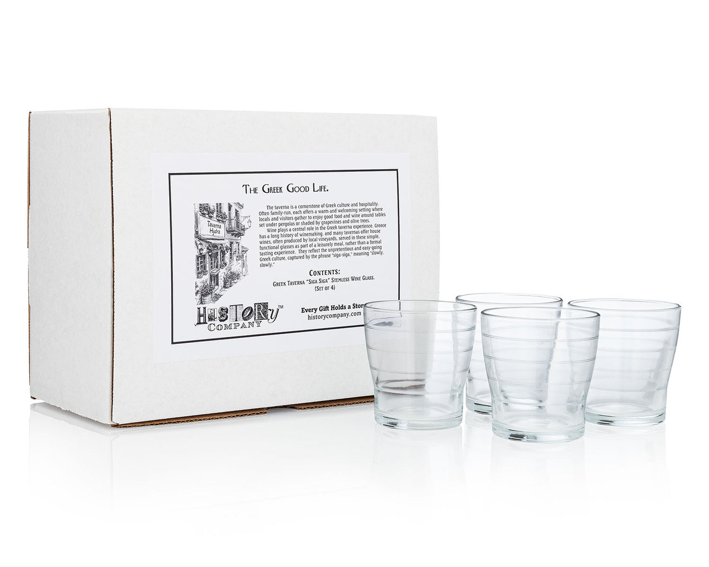 HISTORY COMPANY - Rustic Greek Taverna Wine Glasses, a 4-piece stemless set designed for relaxed wine enjoyment and everyday dining.