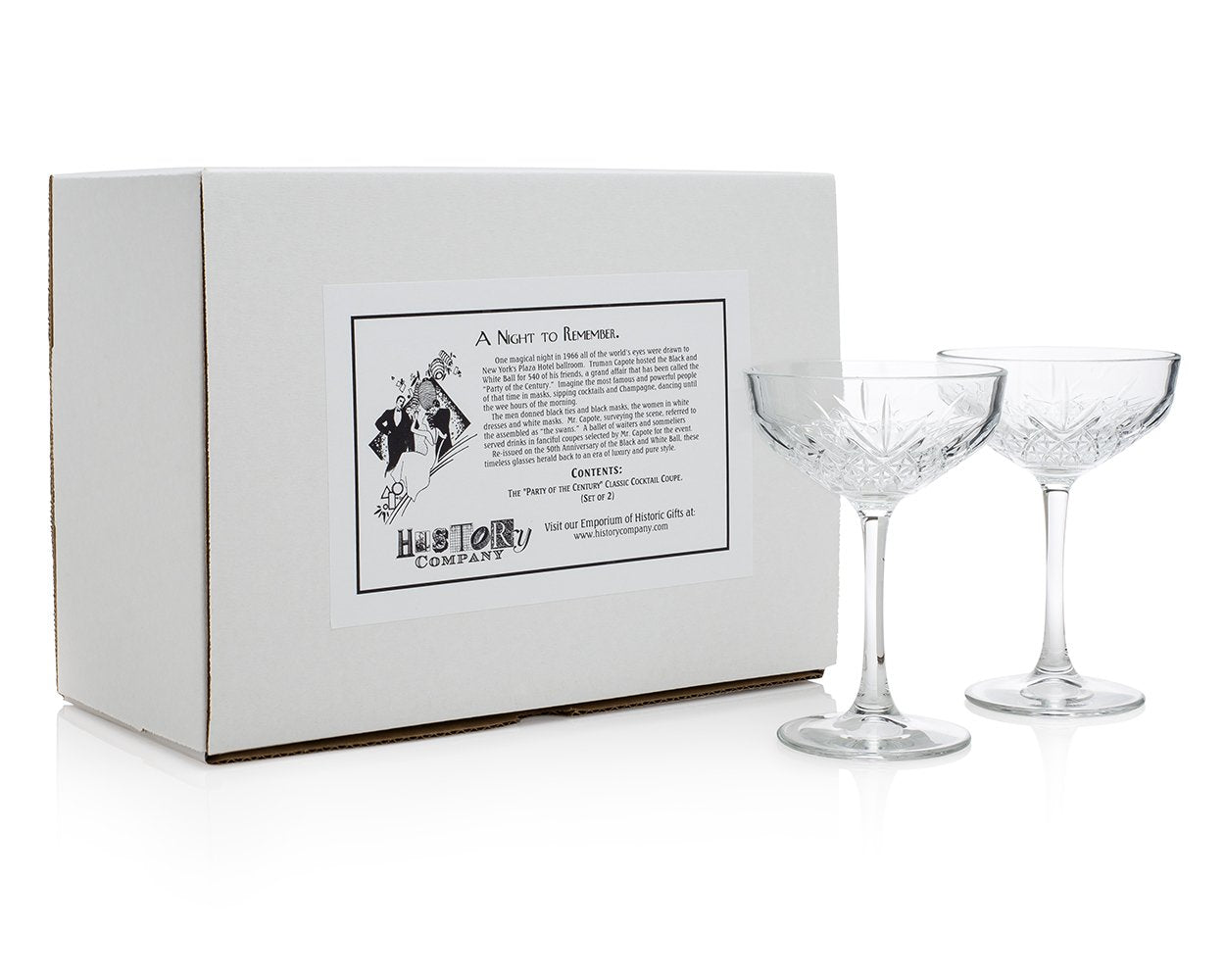 HISTORY COMPANY - 'Party of the Century' Coupe Glass, a 2-piece set inspired by the glamour of the 1966 Black and White Ball.