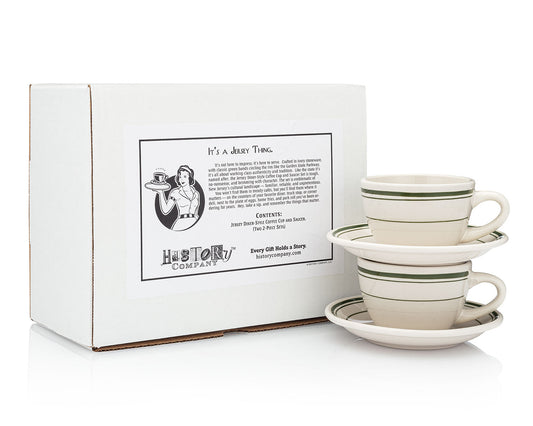 HISTORY COMPANY - The 'Real Deal' Jersey Diner Coffee Cup and Saucer, two 2-piece sets capturing classic diner charm.