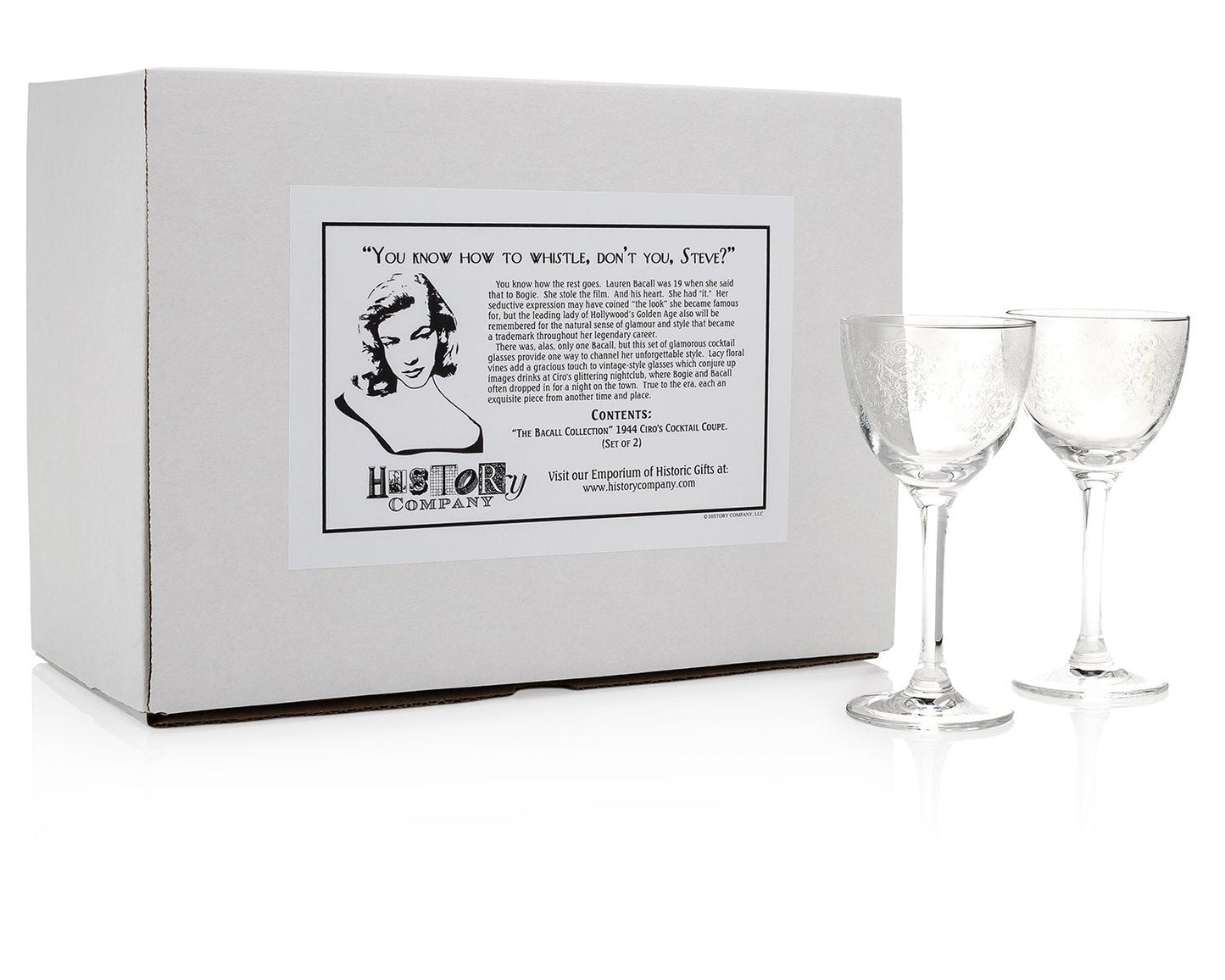 HISTORY COMPANY - Elegant 1944 Bacall Coupette Glasses, a 2-piece set crafted for classic cocktails and vintage glamour.