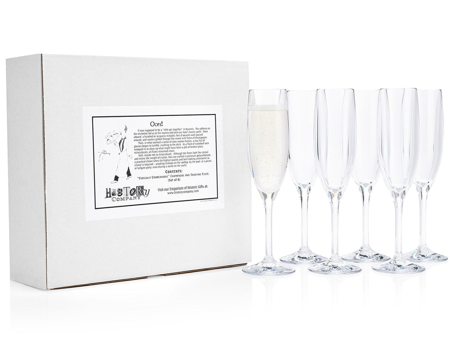 HISTORY COMPANY - Shatterproof Champagne Flutes, an unbreakable 6-piece set designed for weddings and celebrations.