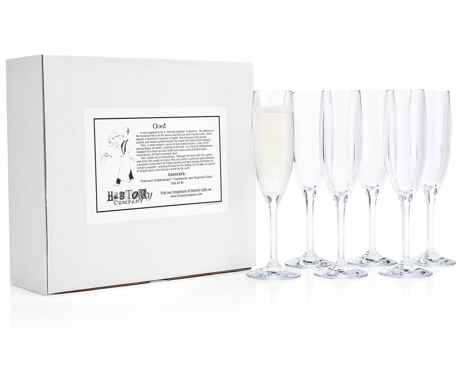 HISTORY COMPANY - Shatterproof Champagne Flutes, an unbreakable 6-piece set designed for weddings and celebrations.