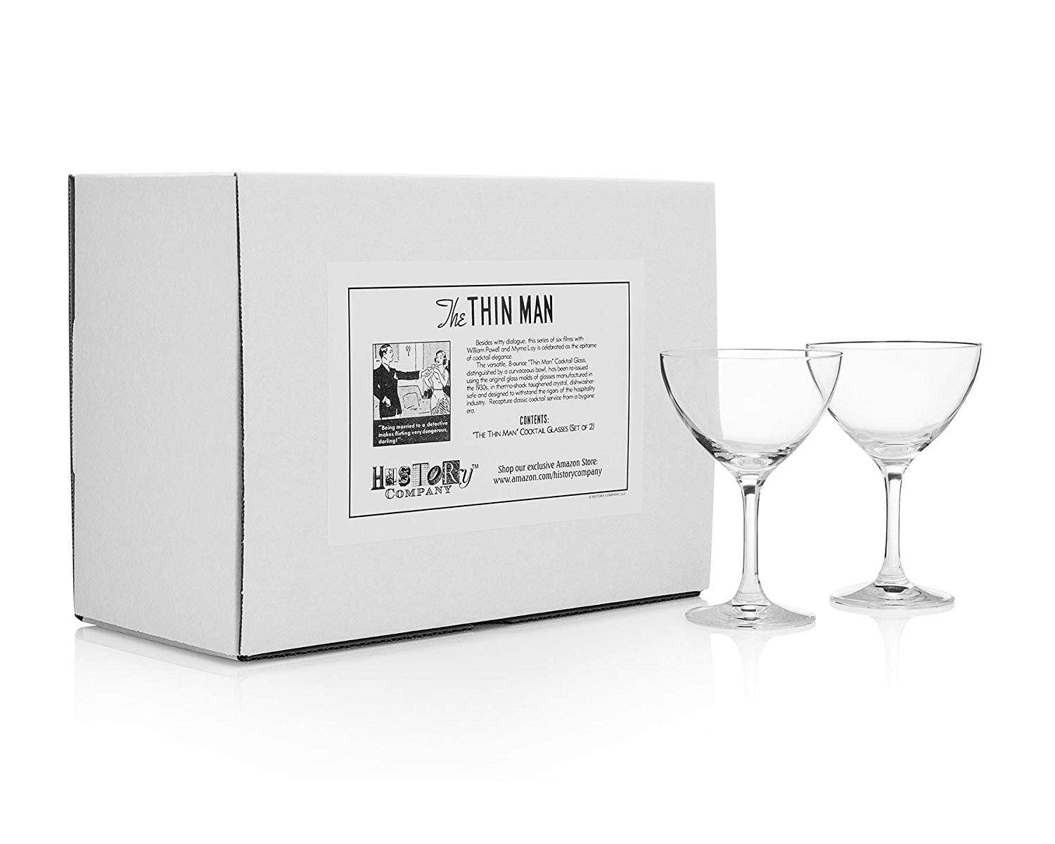 HISTORY COMPANY - Inspired by Hollywood’s Nick & Nora, this 2-piece retro cocktail glass set is ideal for timeless mixology.