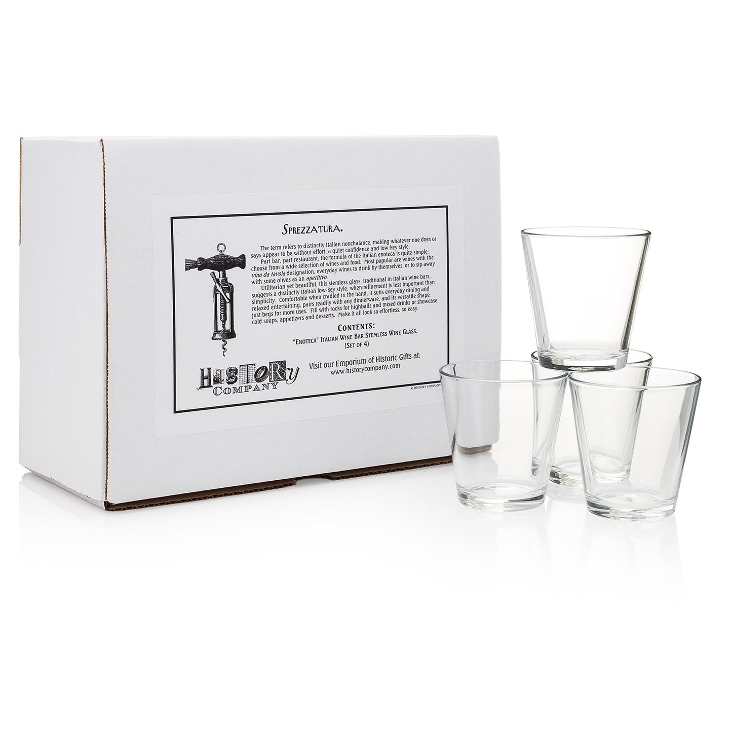 "Enoteca" Italian Wine Bar Stemless Wine Glass (Gift Box Set of 4)